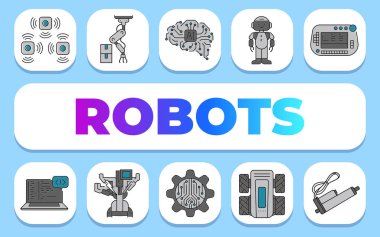 Robotlar metin konsepti. Shablon sunum ve bilgi grafikleri için. Uygulamalar ve Web siteleri için Asgari Temiz Simgeler.