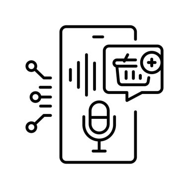 Dijital ve yazdırma projeleri için ses alışverişi asistanı siyah çizgi simgesi. Uygulamalar ve web siteleri için en az temiz simgeler. UI UX ve markalaşma için modern basit simgeler