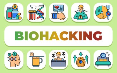 Biyohack metni konsepti. Shablon sunum ve bilgi grafikleri için. Uygulamalar ve Web siteleri için Asgari Temiz Simgeler.