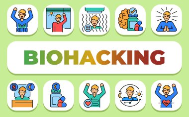 Biyohack metni konsepti. Shablon sunum ve bilgi grafikleri için. Uygulamalar ve Web siteleri için Asgari Temiz Simgeler.