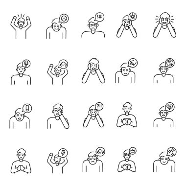 Dijital ve yazdırma projeleri için duygu simgeleri ayarlandı. Uygulamalar ve web siteleri için en az temiz simgeler. UI UX ve markalaşma için modern basit simgeler