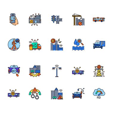 Dijital ve yazdırma projeleri için akıllı şehir simgesi ayarlandı. Uygulamalar ve web siteleri için en az temiz simgeler. UI UX ve markalaşma için modern basit simgeler