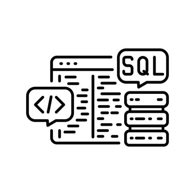 Dijital ve yazdırma projeleri için SQL sorgu yardım siyah çizgi simgesi. Uygulamalar ve web siteleri için en az temiz simgeler. UI UX ve markalaşma için modern basit simgeler