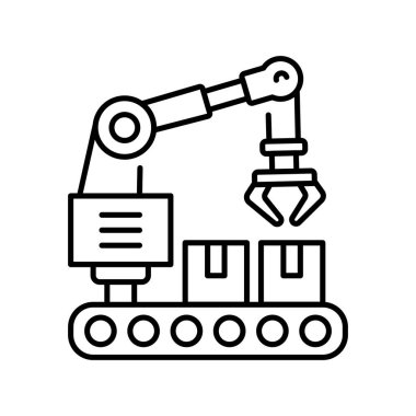 Depo robotları dijital ve baskı projeleri için siyah çizgi simgesi. Uygulamalar ve web siteleri için en az temiz simgeler. UI UX ve markalaşma için modern basit simgeler