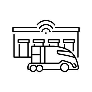 Dijital ve yazdırma projeleri için akıllı lojistik merkez siyah çizgi simgesi. Uygulamalar ve web siteleri için en az temiz simgeler. UI UX ve markalaşma için modern basit simgeler