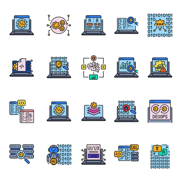 Yazılım geliştirme siyah çizgi simgeleri dijital ve yazdırma projeleri için ayarlandı. Uygulamalar ve web siteleri için en az temiz simgeler. UI UX ve markalaşma için modern basit simgeler