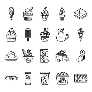 Dijital ve baskı projeleri için siyah dondurma çizgisi simgeleri ayarlandı. Uygulamalar ve web siteleri için en az temiz simgeler. UI UX ve markalaşma için modern basit simgeler