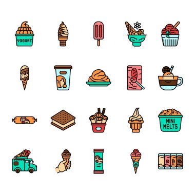 Dijital ve yazdırma projeleri için dondurma rengi simgeleri ayarlandı. Uygulamalar ve web siteleri için en az temiz simgeler. UI UX ve markalaşma için modern basit simgeler