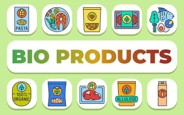 Biyolojik ürünler metin konsepti. Shablon sunum ve bilgi grafikleri için. Uygulamalar ve Web siteleri için Asgari Temiz Simgeler.