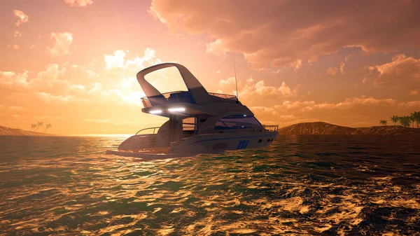 Luxe Motor Yacht Oceaan Bij Zonsondergang Uiterst Gedetailleerde Realistische Weergave Stockfoto