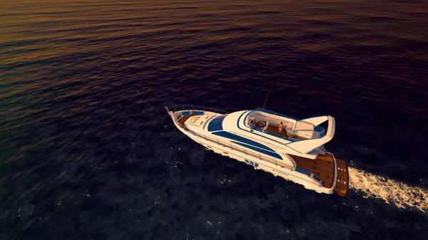 Luxe Motor Yacht Oceaan Bij Zonsondergang Uiterst Gedetailleerde Realistische Weergave Stockafbeelding