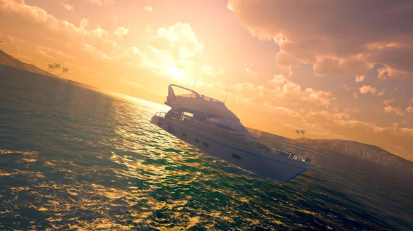 Πολυτελή Motor Yacht Στον Ωκεανό Κατά Ηλιοβασίλεμα Εξαιρετικά Λεπτομερής Και Royalty Free Εικόνες Αρχείου