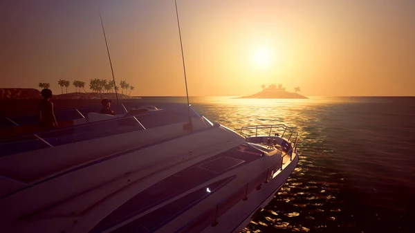 Luxe Motor Yacht Oceaan Bij Zonsondergang Uiterst Gedetailleerde Realistische Weergave Rechtenvrije Stockfoto's