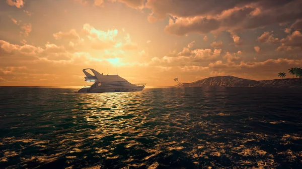 Luxe Motor Yacht Oceaan Bij Zonsondergang Uiterst Gedetailleerde Realistische Weergave Rechtenvrije Stockafbeeldingen