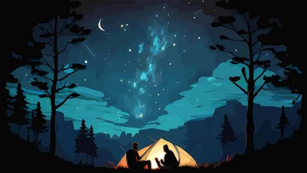 在星空下露营 一对夫妇坐在篝火边 看着夜空中的星星 矢量说明 — 图库矢量图片