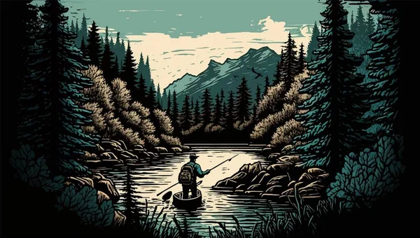 在河里钓鱼 在被树木和山峦环绕的河里钓鱼的人 矢量说明 — 图库矢量图片