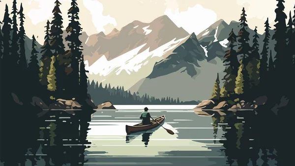 在湖中划船 在平静的湖中划着皮划艇的人 四周环绕着树木和山峦 矢量说明 — 图库矢量图片
