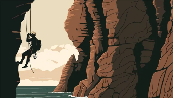 Escalada Roca Persona Que Sube Por Acantilado Rocoso Con Cuerdas — Vector de stock