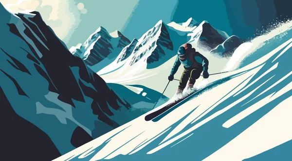 Катание Лыжах Горах Человек Катающийся Лыжах Снежному Склону Горы Векторная — стоковый вектор