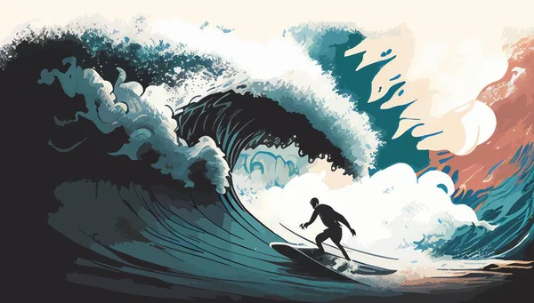 Иллюстрация Серфинга Человек Занимающийся Серфингом Волнах Океана Векторная Иллюстрация — стоковый вектор