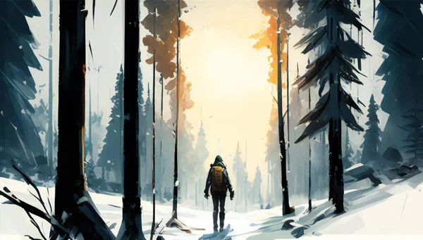 Sněžnice Člověk Chodí Sněžnicích Zasněženém Lese Vektorová Ilustrace — Stockový vektor