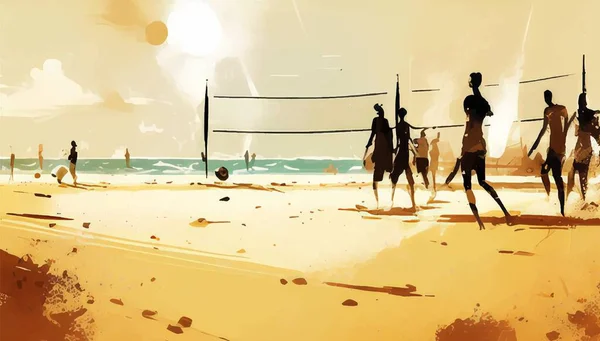 ビーチバレー 砂浜でバレーボールをしている人々のグループ ベクターイラスト — ストックベクタ