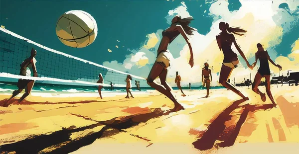 Beach Volleyball Group People Playing Volleyball Sandy Beach Vector Illustration — Stock Vector