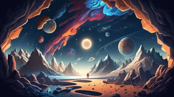 Пейзаж Инопланетной Планеты Ночная Космическая Игра Фон Землей Горами Звездами — стоковый вектор