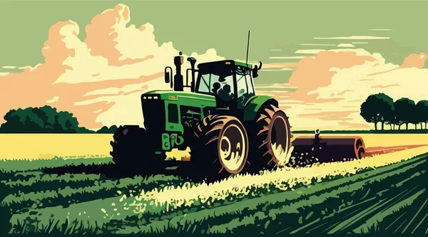 Trattore Arare Campo Piantare Colture Agricoltura Illustrazione Vettoriale — Vettoriale Stock