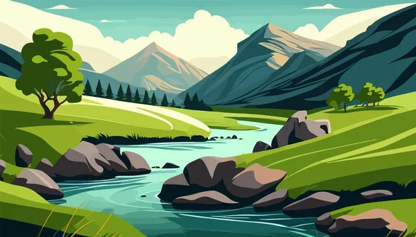 Uma Ilustração Das Montanhas Geladas Distância Com Campos Verdes Exuberantes — Vetor de Stock