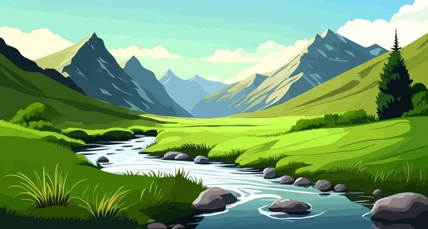 Ilustrație Munților Înghețați Din Depărtare Câmpuri Verzi Luxuriante Pajiști Râu — Vector de stoc