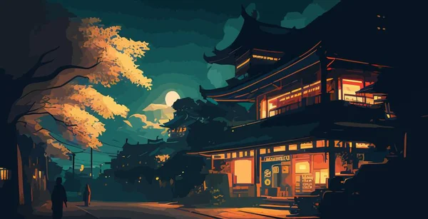 Китайская Улица Старыми Домами Китайской Аркой Фонарями Гирляндой Ночью Векторная — стоковый вектор
