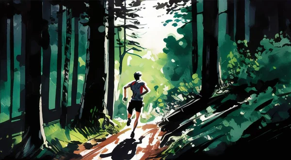 自然の中で走る 森のトレイルを走る人 ベクターイラスト — ストックベクタ