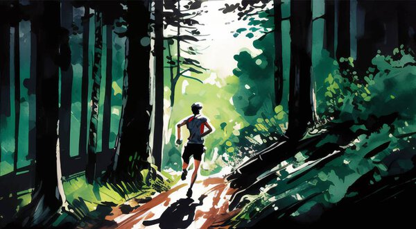 Бег на природе - человек, бегущий по лесной тропе. Векторная иллюстрация.