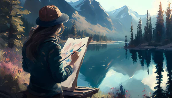 屋外で絵を描く 自然の中で風景を描くアーティスト ベクターイラスト — ストックベクタ