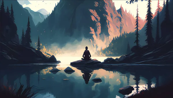 Meditação Natureza Uma Pessoa Que Medita Ambiente Natural Tranquilo Ilustração — Vetor de Stock