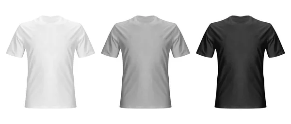 クリーンな背景に隔離されたリアルなホワイト グレー ブラックのTシャツベースの布をセット — ストックベクタ