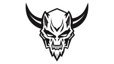 Ürkütücü şeytani yüz çizimi. Şeytani şeytan. Vektör simgesi, beyaz arkaplanda logo izole edildi.