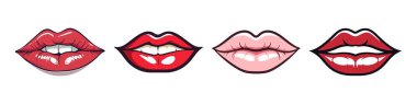 Kırmızı dudak koleksiyonu. Beyaz arka planda izole edilmiş kadın dudaklarının vektör çizimi