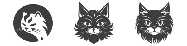 Schwarze Katzenkopf Gesicht Silhouette Icon Set Vektor Logo — Stockvektor