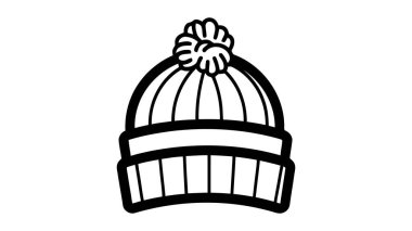 Kış şapkası ikonu. Basit düz dizayn vektörü, özet. Beyaz arkaplanda ponponu olan yün bir bere..