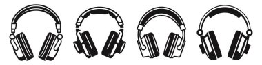 Kulaklıklar siyah izole edilmiş simgeyi ayarlıyor. Kulaklık vektör çizimi.