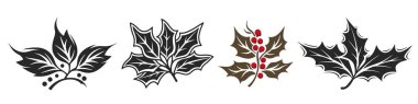 Noel vektör bitkileri ayarlandı. Holly Berry, noel ağacı, çam, dallar. Vektör illüstrasyonu.