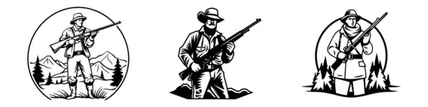 Hunting Club Logo Set Modelo Silhueta Caçador Fundo Branco — Vetor de Stock