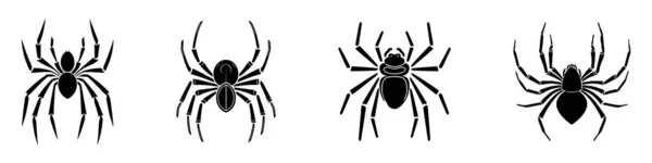 Satz Von Schwarzen Silhouette Spinnensymbol Isoliert Auf Weißem Hintergrund Draufsicht — Stockvektor