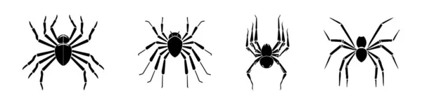 Satz Von Schwarzen Silhouette Spinnensymbol Isoliert Auf Weißem Hintergrund Draufsicht — Stockvektor