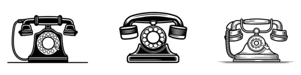 Набір Векторного Логотипу Ручної Намальованої Ілюстрації Ретро Телефону Вінтажному Гравірованому — стоковий вектор