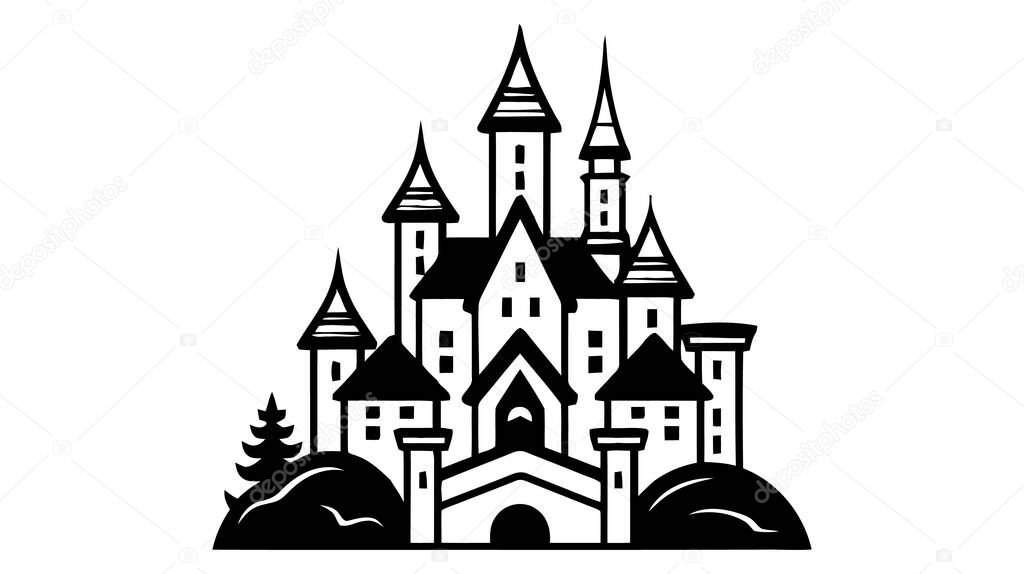 Vector black castle icon, logo. Vector illustration isolated on white background.