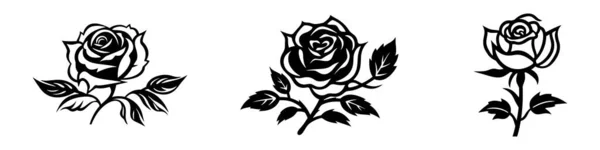 Набор Векторных Черных Силуэтов Розовых Цветов Выделенных Белом Фоне — стоковый вектор