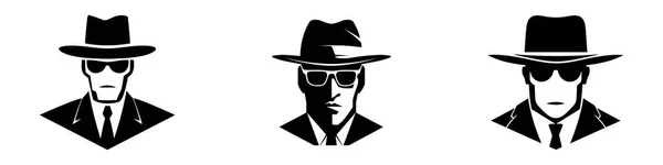组的侦探徽章帽子抽象男人头 老式的矢量图 — 图库矢量图片